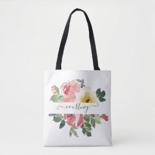 Rosa und gelbe Wasserfarbe floral personalisiert   Tasche