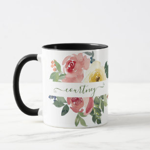 Rosa und gelbe Wasserfarbe florale personalisiert Tasse