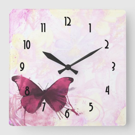 Rosa und gelbe Watercolor-Blumen mit Schmetterling Quadratische Wanduhr (Vorderseite)