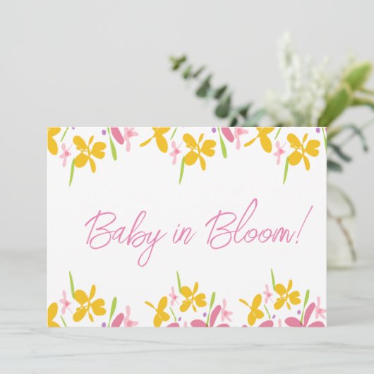 Rosa und gelbe Wildblume Baby in Blüte Einladung (Stehend Vorderseite)