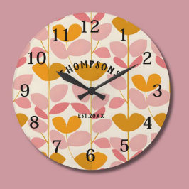 Rosa und gelbes Leaf Design Modern Monogram Große Wanduhr