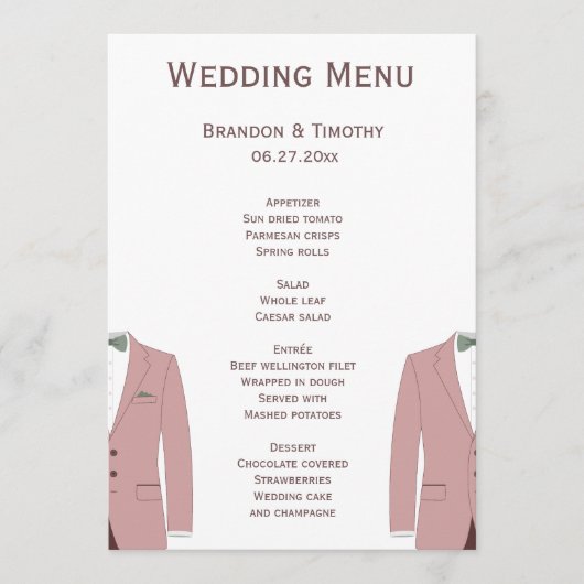 Rosa und gesäumte Hochzeitskarten Menükarte (Vorderseite)