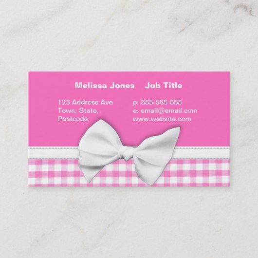 Rosa und girly Gingham mit Bandbogen Visitenkarte (Vorderseite)