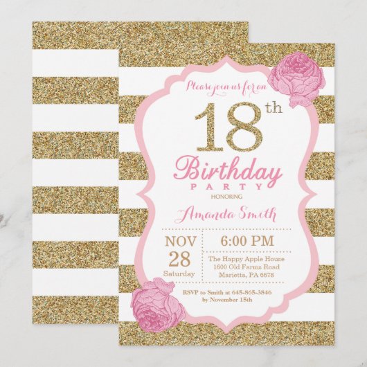 Rosa und Gold 18. Geburtstag Einladung Floral (Vorne/Hinten)