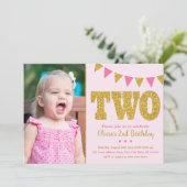 Rosa und Gold 2. Geburtstag Einladung mit Foto (Stehend Vorderseite)