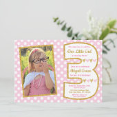 Rosa und Gold 3. Geburtstag Einladung (Stehend Vorderseite)