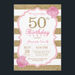 Rosa und Gold 50. Geburtstag Einladung Floral<br><div class="desc">Rosa und Gold 50. Geburtstag Einladung. Rosa und goldener Glitzer. Rosa und weiße Streifen. Rosa Blume mit Flora. Erwachsener zum Geburtstag. Frauen Geburtstagsparty. Für weitere Anpassungen klicken Sie bitte auf die Schaltfläche "Anpassen" und verwenden Sie unser Designwerkzeug,  um diese Vorlage zu ändern.</div>