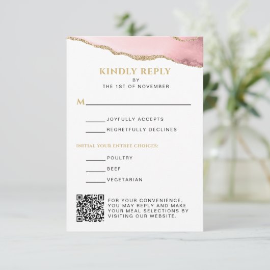 Rosa und Gold Agate Bat Mitzvah Vertikal RSVP Karte (Stehend Vorderseite)