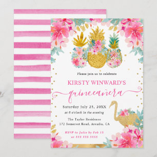 Rosa und Gold Ananas und Flamingo Quinceanera Einladung