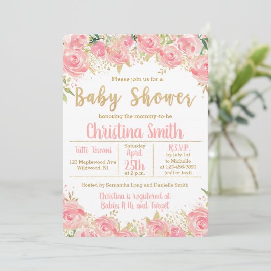 Rosa und Gold Baby Dusche Einladungen für Mädchen (Stehend Vorderseite)