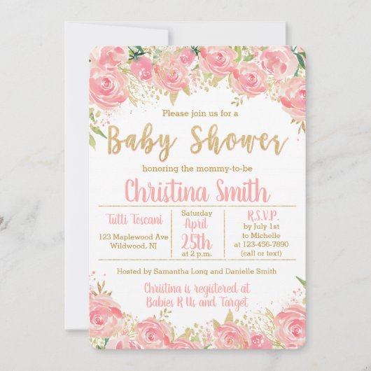 Rosa und Gold Baby Dusche Einladungen für Mädchen (Vorderseite)