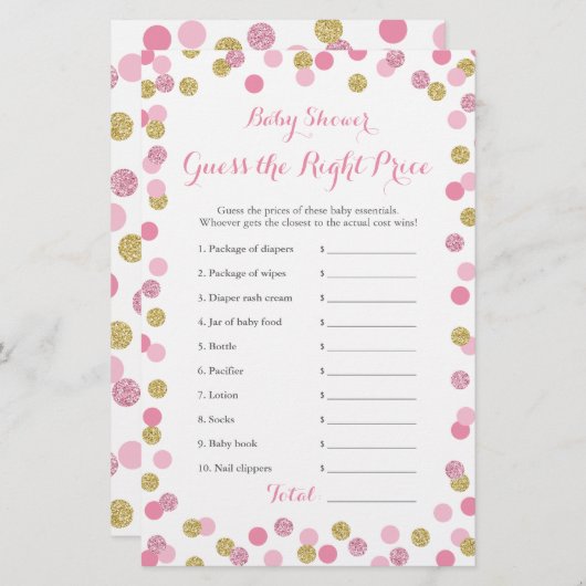 Rosa und Gold Baby Dusche Preis Richtige Spielkart (Vorne/Hinten)