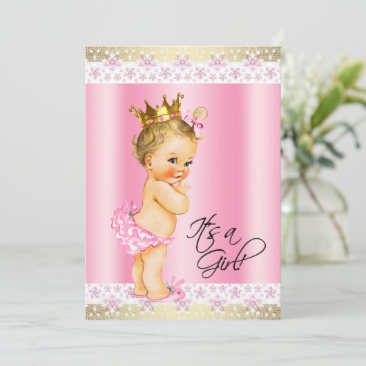 Rosa und Gold Baby Girl Dusche Blonde Einladung (Stehend Vorderseite)