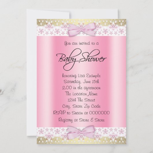 Rosa und Gold Baby Girl Dusche Blonde Einladung (Rückseite)