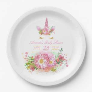 Rosa und Gold Blumen Einhorn Mädchen Baby Shower Pappteller