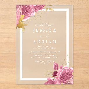 Rosa und Gold Blumenrahmen Hochzeit Acryleinladungen
