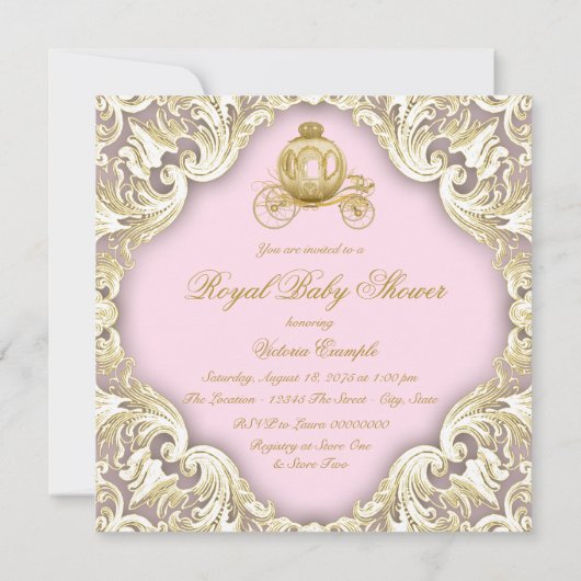 Rosa und Gold Carriage Royal Princess Baby Dusche Einladung (Rückseite)