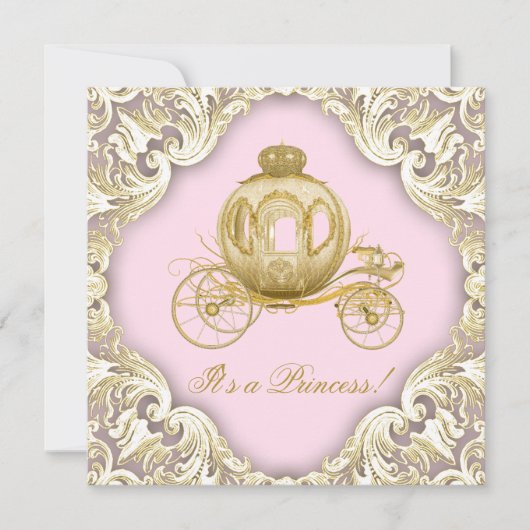 Rosa und Gold Carriage Royal Princess Baby Dusche Einladung (Vorderseite)