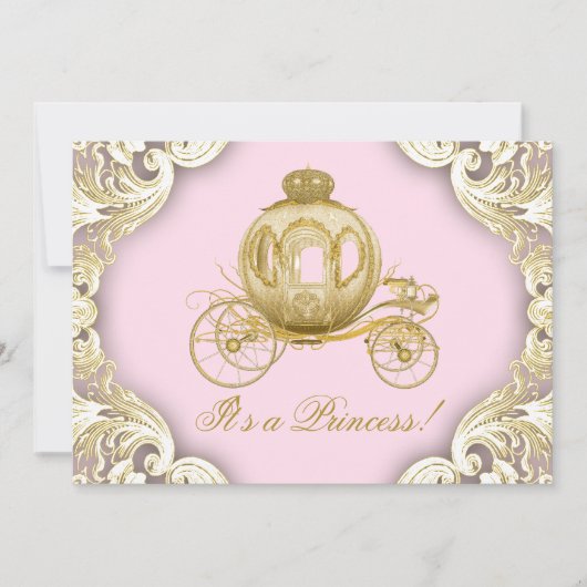 Rosa und Gold Carriage Royal Princess Baby Dusche Einladung (Vorderseite)