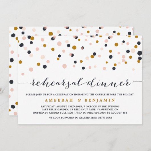 Rosa und Gold Confetti Probe Abendessen Einladung (Vorne/Hinten)