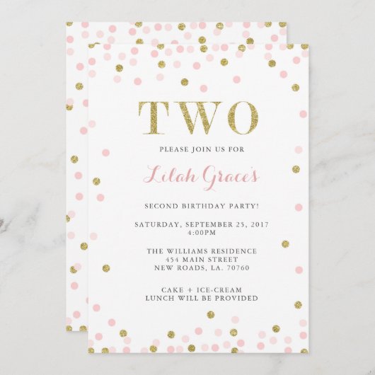 Rosa und Gold - Einladungen zum zweiten Geburtstag (Vorne/Hinten)
