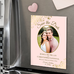 Rosa und Gold elegante Hochzeit Save Date Oval-Fot Magneteinladung