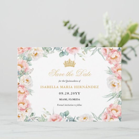 Rosa und Gold Elegante Quinceñera Save The Date (Stehend Vorderseite)