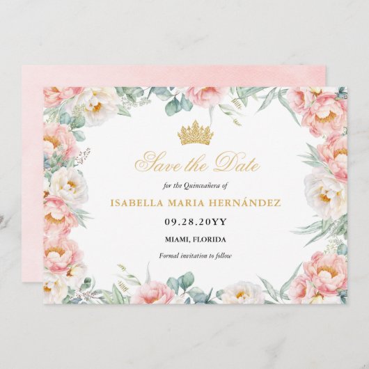 Rosa und Gold Elegante Quinceñera Save The Date (Vorne/Hinten)