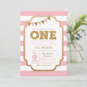 Rosa und Gold Erster Geburtstag Einladung (Stehend Vorderseite)