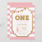 Rosa und Gold Erster Geburtstag Einladung (Vorne/Hinten)