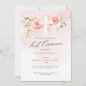 Rosa und Gold Erstkommunion Einladung Rose (Vorderseite)