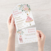 Rosa und Gold Floral Ballerina Babydusche All In One Einladung (Abreißen)
