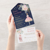 Rosa und Gold Floral Ballerina Navy Baby Dusche All In One Einladung (Abreißen)