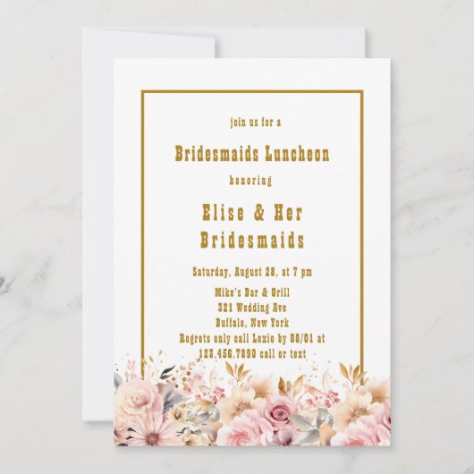 Rosa und Gold Floral Bridesmaids Luncheon Einladung (Vorderseite)