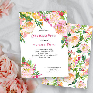 Rosa und Gold Floral Chic Quinceanera-Einladung Einladung