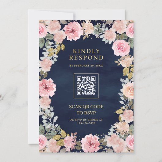 Rosa und Gold Floral QR Code Navy Blue Wedding Einladung (Rückseite)