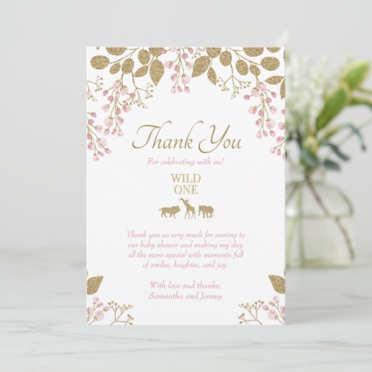 Rosa und Gold Floral Wild One Safari Baby Dusche Dankeskarte (Stehend Vorderseite)
