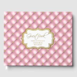 Rosa und Gold gefiederte Quinceñera Gästebuch