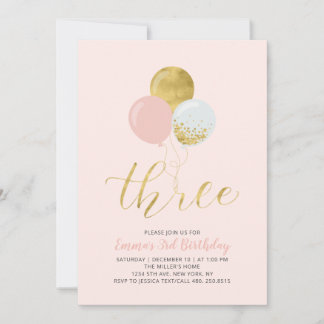 Rosa und Gold | Girl 3. Geburtstag Party Inv. Einladung