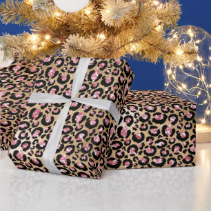 Rosa und Gold Glitter Glam Leopardenflecken Muster Geschenkpapier