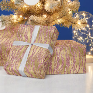 Rosa und Gold Glitter Glam Tiger Streifen Muster Geschenkpapier