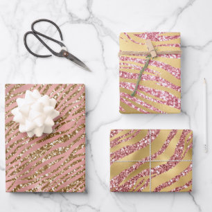 Rosa und Gold Glitter Glam Tiger Streifen Muster Geschenkpapier Set