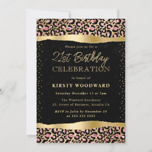 Rosa und Gold Glitter Leopardenflecken 21. Geburts Einladung