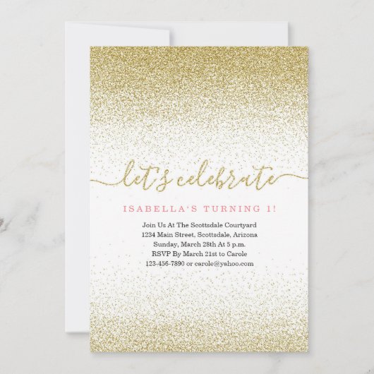 Rosa und Gold Glitzer 1. Geburtstag Einladung 19. (Vorderseite)