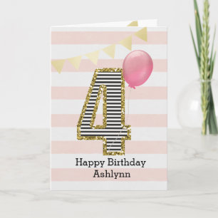 Rosa und Gold Glitzer 4. Geburtstag Karte