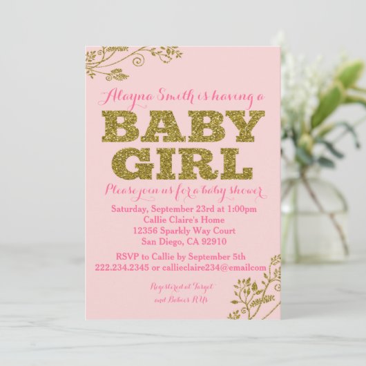 Rosa und Gold Glitzer Baby Girl Dusche Einladung (Stehend Vorderseite)