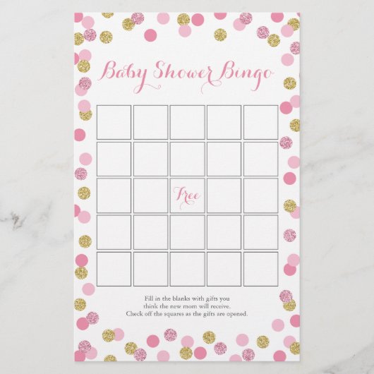 Rosa und Gold Glitzer Baby Showroom Bingo Game Flyer (Vorne)