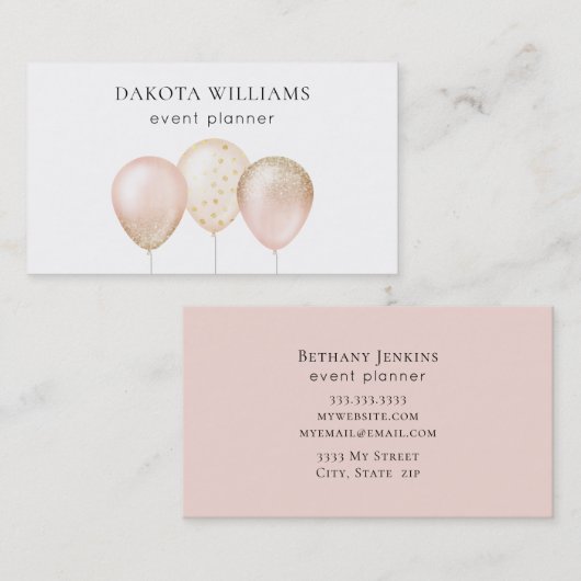 Rosa und Gold Glitzer Balloons Business Card Visitenkarte (Vorne/Hinten)