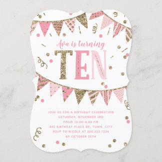 Rosa und Gold Glitzer Banner 10. Geburtstagsparty Einladung