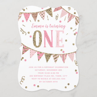 Rosa und Gold Glitzer Banner 1. Geburtstag Party Einladung